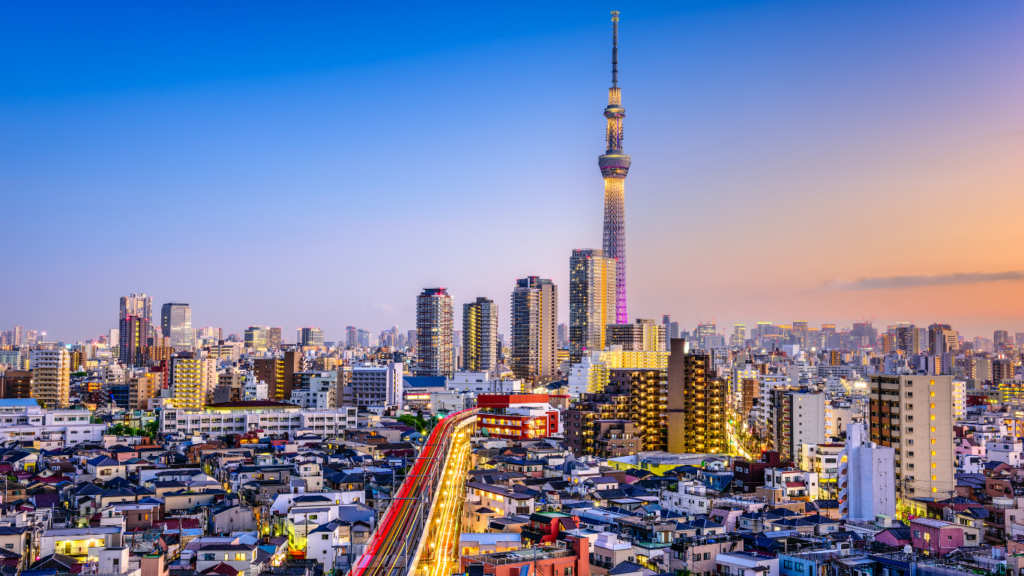 Roteiro Japão, Coreia do Sul e Singapura - Tokyo Skytree e o horizonte de Tóquio ao anoitecer